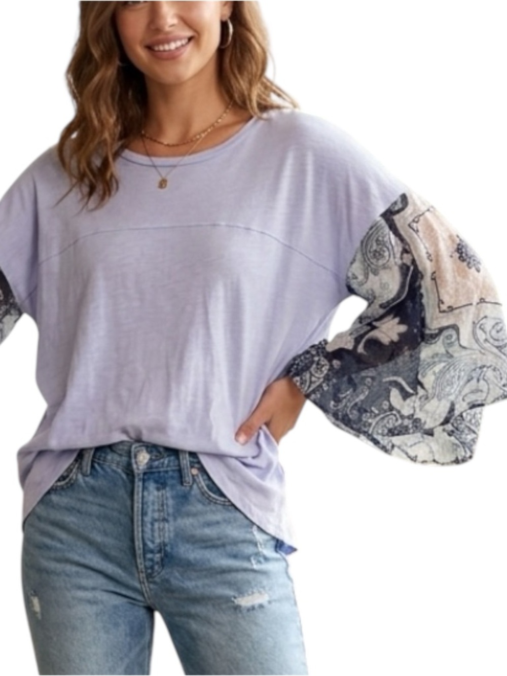 Umgee Paisley Balloon Sleeve Slub Knit Boho Top Blue Cotton Peasant Medium - Picture 1 of 6